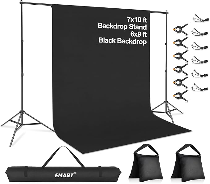 EMART 7 x 10 ft Adjustable Photo Backdrop Stand Kit with 9 x 6ft Portable Black Backdrop Screen, Background Holder Support System Kit for Photography, Party, Live Game, Interviews, YouTube, TIK Tok