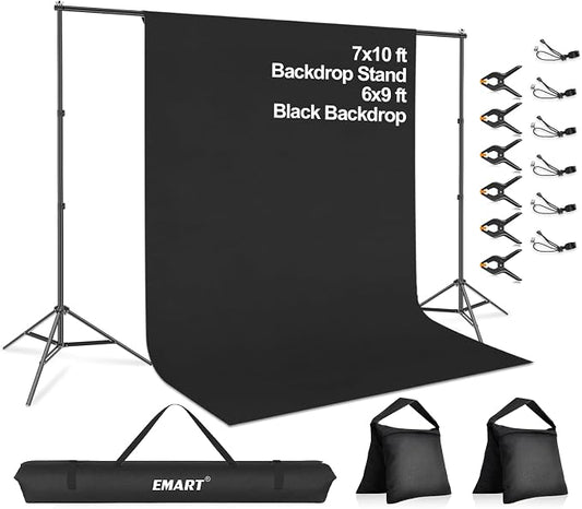 EMART 7 x 10 ft Adjustable Photo Backdrop Stand Kit with 9 x 6ft Portable Black Backdrop Screen, Background Holder Support System Kit for Photography, Party, Live Game, Interviews, YouTube, TIK Tok