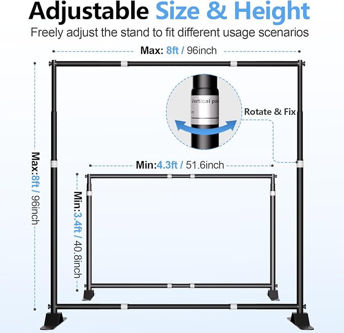 8 x 8FT Backdrop Banner Stand, Heavy Duty Adjustable Photo Background Support Frame Kit, Step and Repeat Stand for Photo Booth, Parties, Exhibition, Trade Show, Wedding