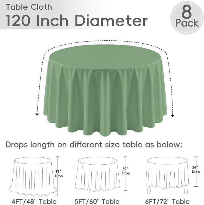 8 Pack Sage Green Round Tablecloth 120 Inch Cloth Tablecloth for Round Tables, Washable Polyester Table Cloth Stain and Wrinkle Resistant Decorative Table Cover for Wedding Party Dining Banquet