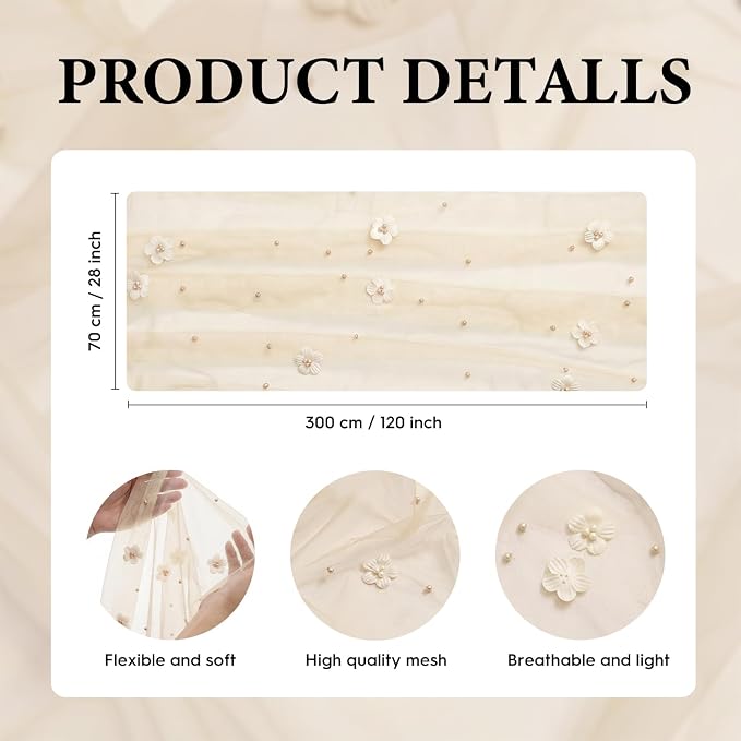 Artoid Mode Flower Pearl Champagne Gauze Table Runner 10FT 3PC, Seasonal Sheer Dining Holiday Wedding Birthday Baby Shower Table Decor for Home Party
