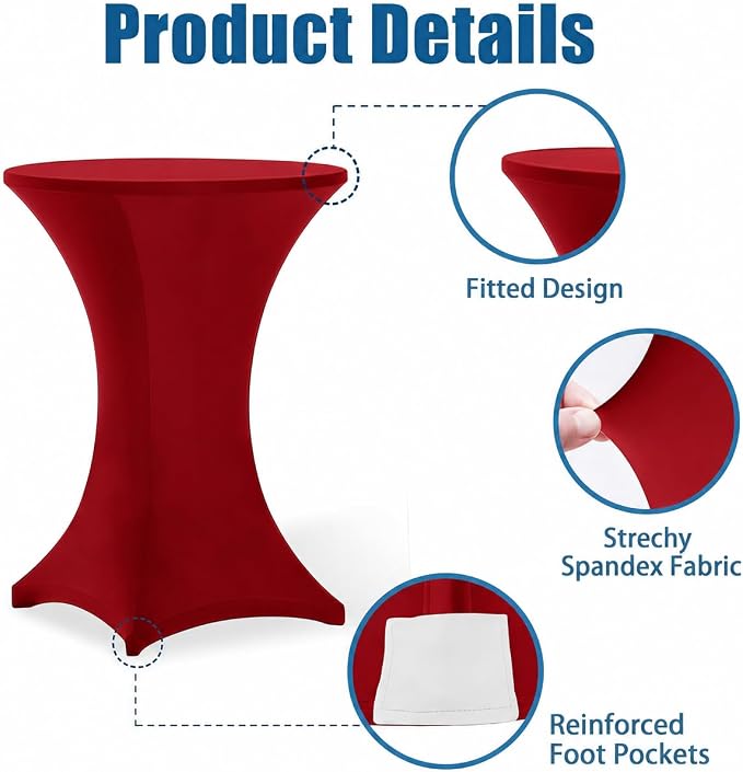 Cocktail Table Covers - 6 Pack 32x43 Inch Table Cloth - Red Fitted Stretch Spandex Round High Top Tablecloth for Party, Bar, Birthday, Pub, Banquet