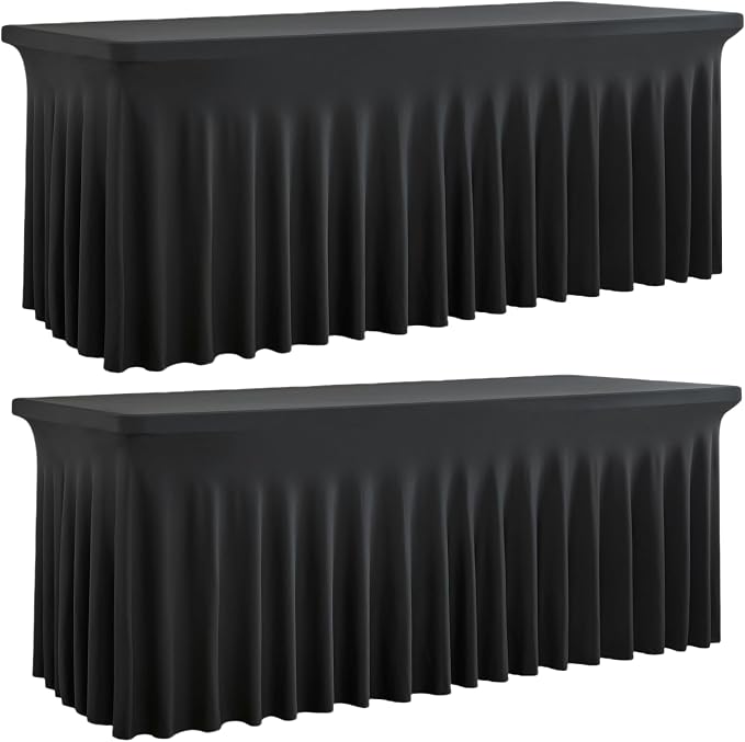 Outpain Black Spandex Tablecloth for 8 Foot Rectangle Tables, 2 Pack Black Fitted Table Cloths 8ft Stretchy Banquet Table Clothes Cover Desk Skirt for Birthday Wedding Parties Baby Shower
