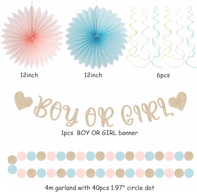 Light-Pink Blue Champagne Gender-Reveal Party-Decorations - 22pcs Boy Or Girl Banner,Neutral Paper Lanterns Streamers,Tissue Pom Poms Flowers Fans Bear Theme Decor Supplies Hugmoon