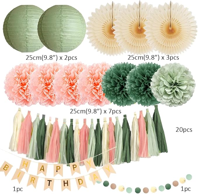 Sage Green and Peach Birthday Decorations Boho Beige Peach and Olive Green Birthday Decorations for Women Girls Cream Fans Pom Poms Sage Olive Pink Cream Tassel Garland Party with Banner Beige Gold