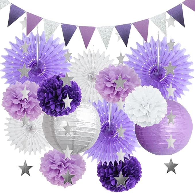 Purple White and Silver Party Decorations Lanterns Fans Poms Light Purple and Silver Party Decorations for Graduation Baby Shower Bridal Shower Wedding Birthday Purple Silver White Party Decorations