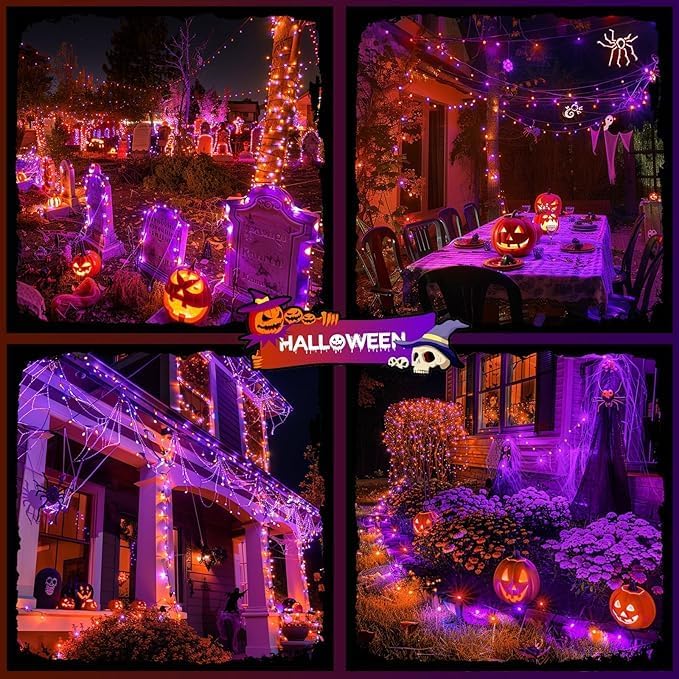 JMEXSUSS 2 Pack Solar String Lights Outdoor Waterproof, Total 400 LED 151FT Solar Christmas Lights Outdoor, 8 Modes Christmas Light for Outside Patio Yard Tree Decorations, Orange and Purple