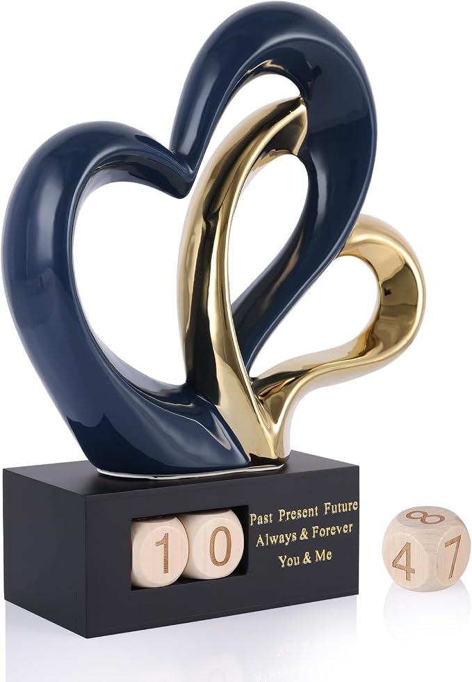 Ceramic Heart Sculpture with Date Blocks, Blue Gold Hearts Statue for Home Decor, Romantic Valentines Day & Wedding for Couple, Shelf Mantel Tabletop Display (Blue Gold)