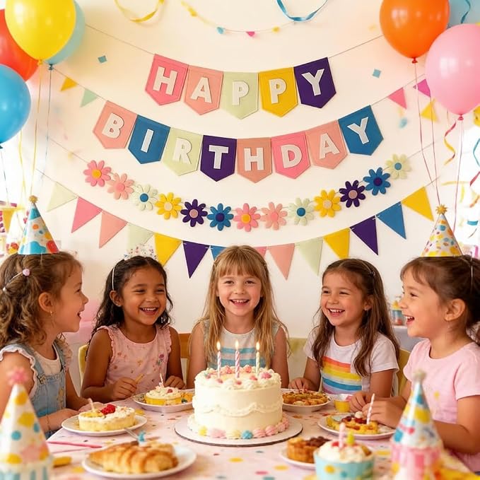 Yancan Colorful Happy Birthday Banner for Girls Women Party Decoration | Pre-strung Felt Happy Birthday Banner, Flowers Garland, Triangle Flags