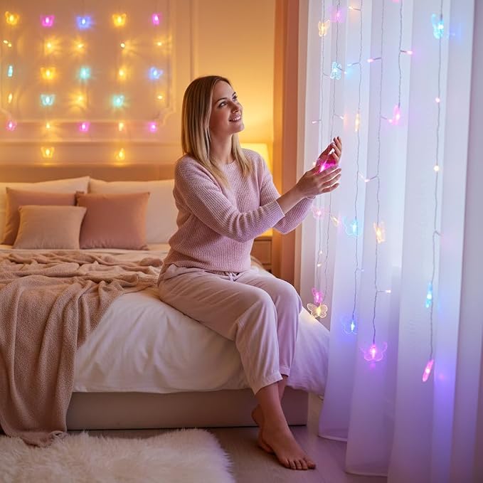 Butterfly Curtain Fairy Lights USB Plug in,8 Modes 120 LED 20FT Firefly Twinkle Timer String Lights with Remote for Bedroom Patio Christmas Wedding Party (Multi-Colored(Pink))