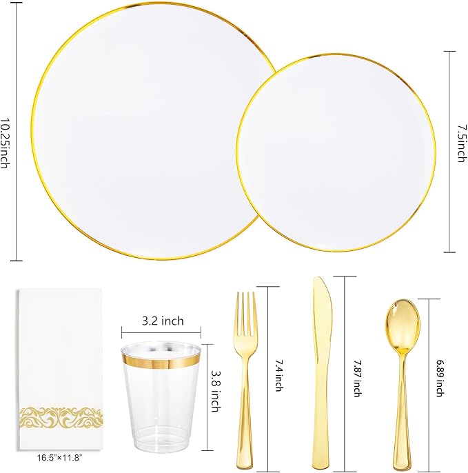 Supernal 350Pcs Elegant White and Gold Plastic Dinnerware Set for Wedding | Heavy duty disposable plates with gold plastic silverware, cups, and napkins. Premium tableware pack serves 50 guests.