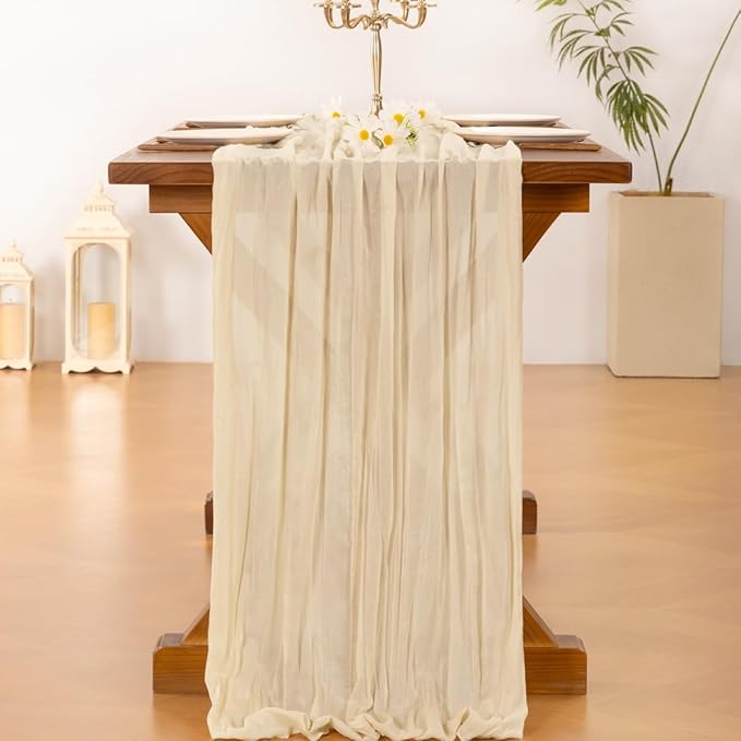Socomi 6pcs Beige Summer Cheesecloth Table Runner Boho Rustic Gauze 120 inch 10FT Cheese Cloth Sheer Runner for Wedding Party Baby Shower Birthday Home Decor Holiday Decorations