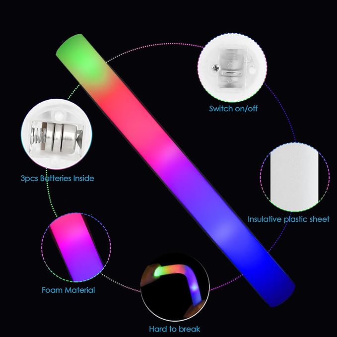 EXCECAR 58PCS Foam Glow Sticks, LED Light Up Foam Sticks with 3 Modes Flashing Changing, Glowing in The Dark for Event Party Wedding Halloween Christmas Concert Supplies
