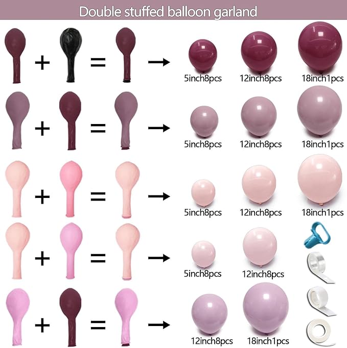 Dusty Purple Pink Balloon Arch Kit Double Stuffed Dark Purple Plum Pastel Pink Lavender Mauve Balloon Garland for Birthday Butterfly Baby Shower Anniversary Wedding Bridal Shower Party Decoration