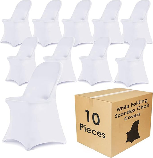 Craft And Party 10 Pack White Spandex Folding Chair Covers, Stretch Polyester Slipcovers for Wedding, Party & Dining Chairs – Flat Front Design, Universal Fit