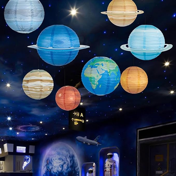 Folding Outer Space Planet Paper Lanterns Reusable Solar System Planets Hanging Lanterns Ornament Lamp Cover for Outer Space Birthday Party Home Decoration Supplies (12 inches;8pcs)