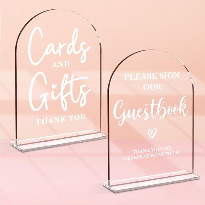 2 Pcs Acrylic Wedding Signs for Ceremony and Reception, Bridal Shower Decorations, Cards and Gifts Signs, Guest Book Sign, Arch Acrylic Table Top Sign with Holder for Wedding Reception (Clear)