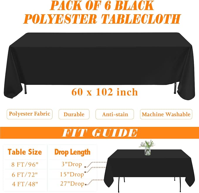 WIGENIUS 6 Pack Black Table Cloth Rectangle Tablecloths 60X102 Inch,Polyester Table Cloth for 6 Foot Rectangle Tables,Wrinkle Resistant Washable Fabric Table Covers for Party,Wedding Banquet