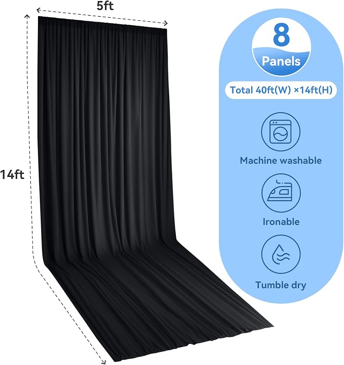 40x14ft Black Backdrop Curtains for Parties, Wrinkle Free Polyester 8 Panels Photo Backdrop Drapes 14 ft Long Back Drop Cloth for Wedding Birthday Photography Background Party