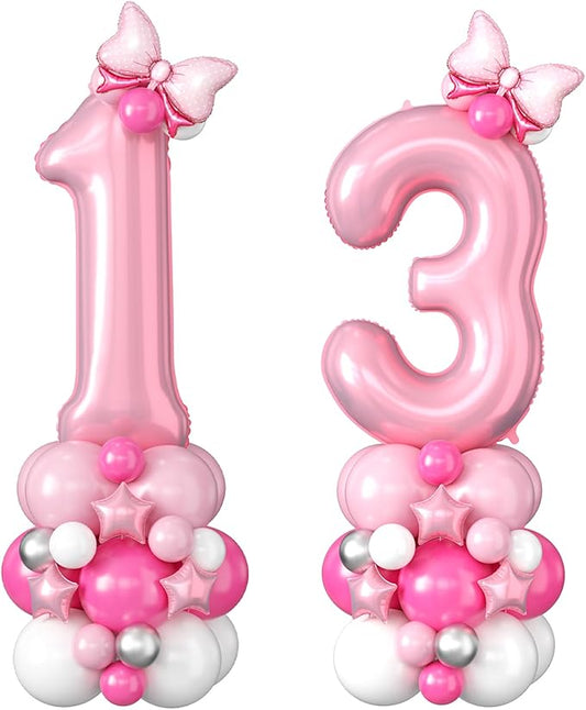 Pink Number 13 Balloons 40 Inch Pastel Pink 13th Birthday Party Decorations Baby Hot Pink White Number 31 Foil Balloon Tower with Bows Giant Large Digit Helium Balloon for Girls Women 31st Anniversary