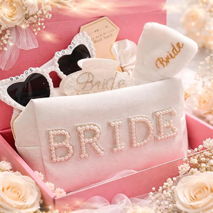 WOVOWOVO Bridal Shower Gifts for Bride To Be: Bachelorette Party Accessories Wedding Gifts - Bride Sash, Makeup Bag, Hair Clip, White Hair Bow, Sunglasses and Facial Headband