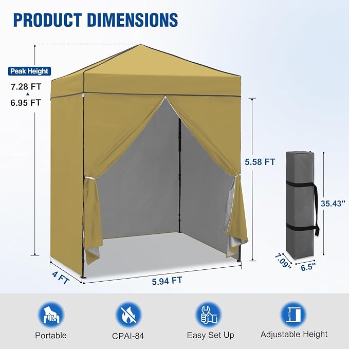 6x4 Pop Up Canopy Tent with Four Wall Panels, Instant Portable Beach Canopy, Outdoor Tent with Carry Bag for Camping, Sports, Tailgating, Events, Beige