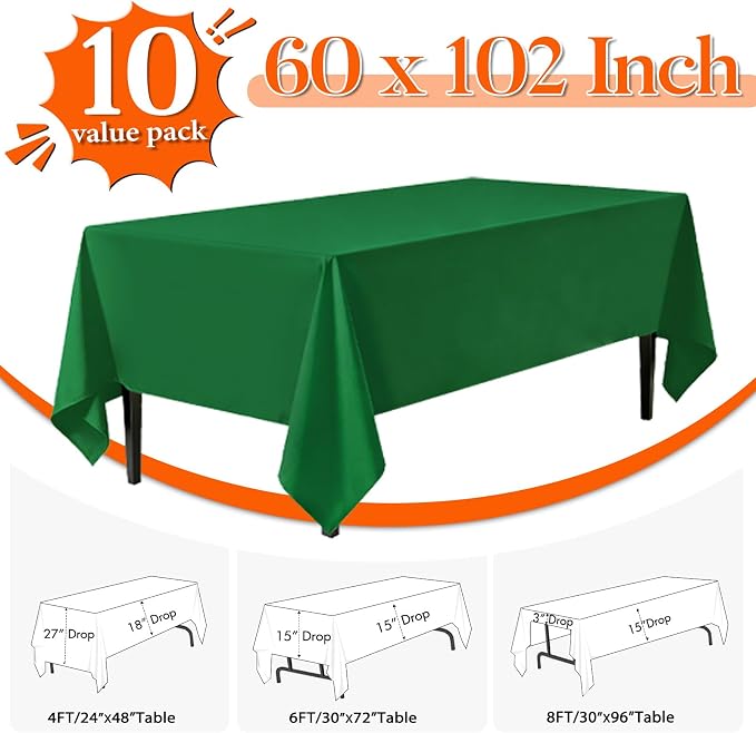 10 Pack Green Table Cloth 60x102 Inch Green Tablecloths for 6 Foot Rectangle Tables, Wrinkle Resistant Rectangular Tablecloth Washable Polyester Fabric Table Covers for Party Banquet Wedding Buffet