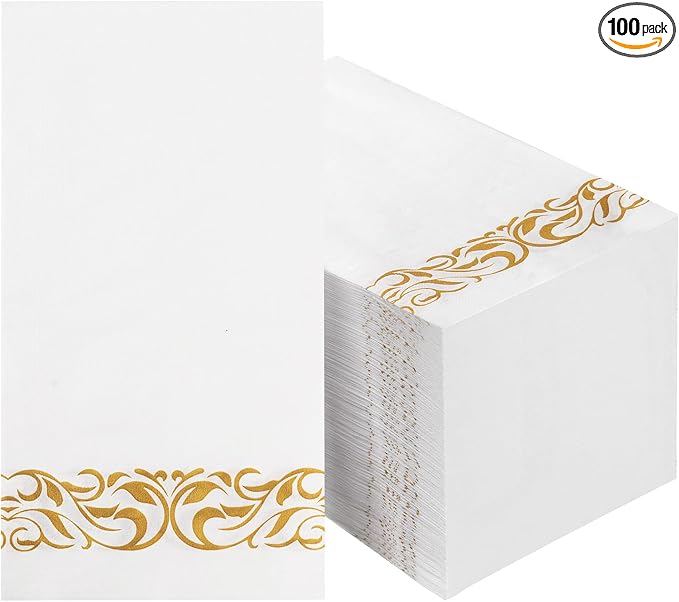 BESTVIP 100 Pack Disposable Paper Napkins, 3-Ply Dinner Napkins with Gold Trim for Guests, Bathroom Paper Hand Towels Soft & Absorbent, Perfect for Christmas, Kitchen, Dinner, Party, Wedding or Event