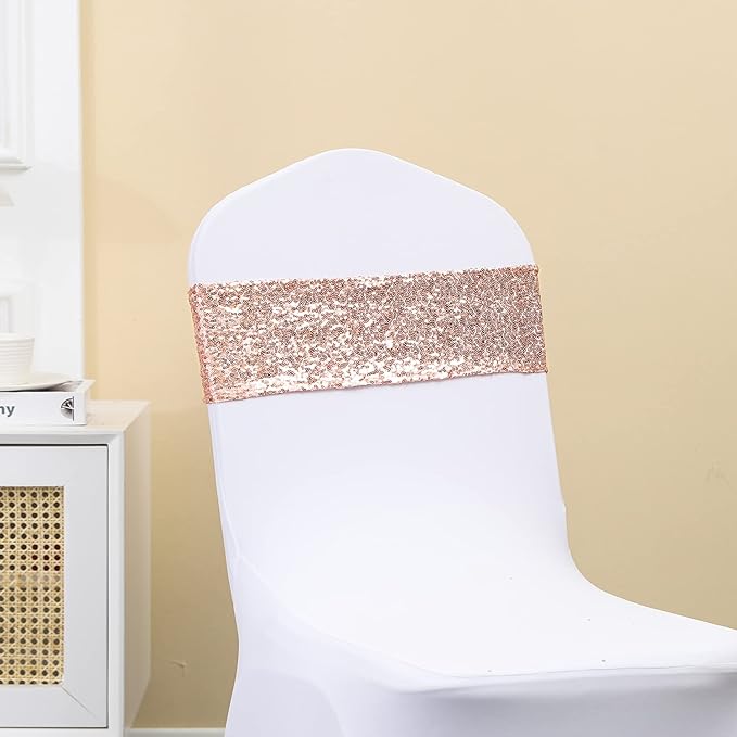 Pack of 50 All Around Rose Gold Sequin Chair Sashes for Wedding Decor, Sequins Chair Bands with Silver Buckles for Party Baby Shower Fiestas Decorations, Glitter Rose Gold Chair Sashes