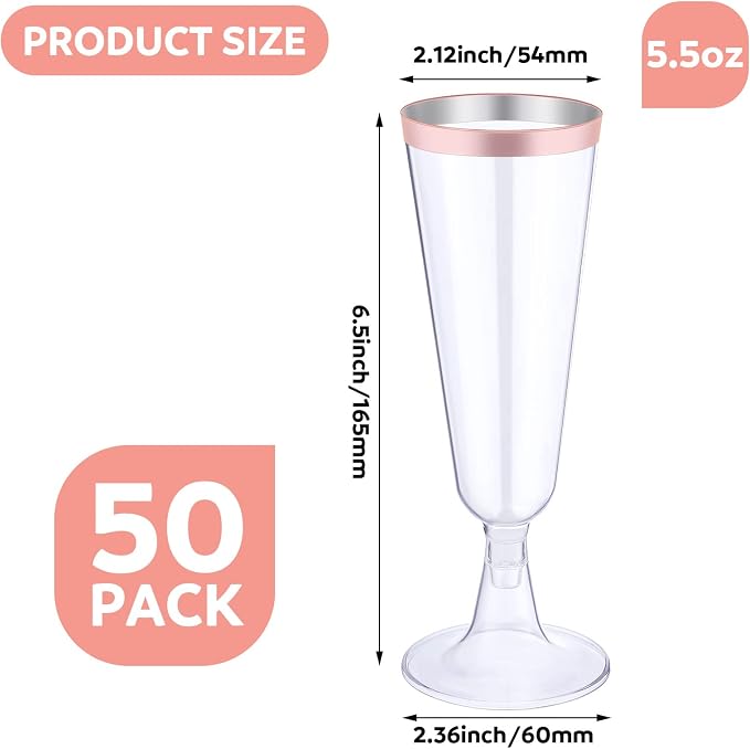 Thenshop 50 Pack Rose Gold Plastic Champagne Flutes 5.5 oz Elegant Clear Disposable Champagne Glasses Detachable Hard Toasting Glasses for Wedding Party Fancy Vino Cocktail Cups(Clear)