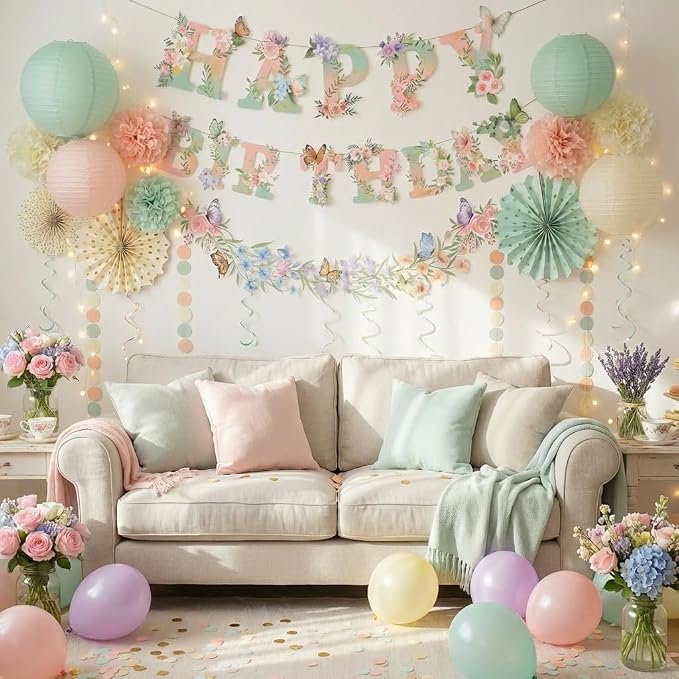 Sage Green Blush Pink Birthday Decorations,Flower Butterfly Happy Birthday Banner, Wildflower Garland,Paper Lanterns Tissue Pom Poms for Spring Summer Boho Fairy Garden Tea Party Neutral Décor