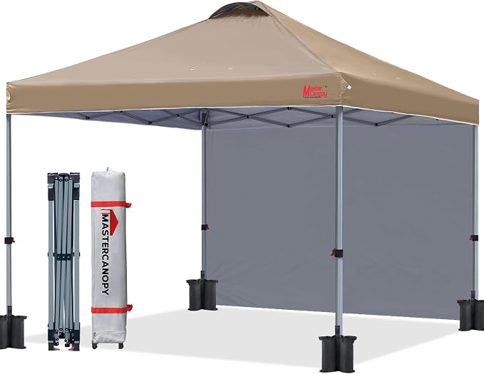 MASTERCANOPY 10x10 Pop Up Canopy Tent with 1 Sidewall, 1 Person Setup Instant Shelter, Outdoor Portable Beach Canopy, 1 Roller Bag, 4 Sandbags, 4 Ropes, 8 Stakes (10x10, Khaki)
