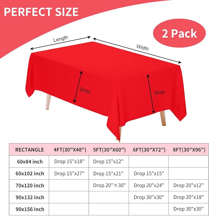 Fixwal 2 Pack Red 60 x 102 Inch Rectangle Tablecloths, Reusable Heavy Duty Washable Polyester Table Covers for 6 Ft Tables, Party, Birthday, Christmas, Anniversary