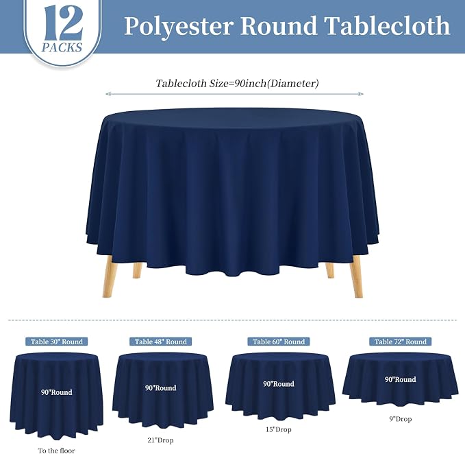 Pesonlook 12 Pack Round Tablecloth 90inch-Navy Blue Polyester Round Table Cloths Washable Fabric Table Cover for Wedding/Party/Banquet/Dining/Buffet