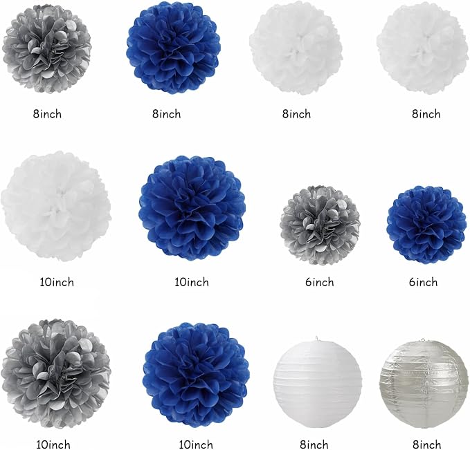 2026 Blue Class-Congratulations Prom Graduation Party-Decorations - 22pcs High School College Grad Supplies Decor,Royal Navy White Silver Tissue Pom Poms Streamers, Paper Flowers Lanterns Hugmoon