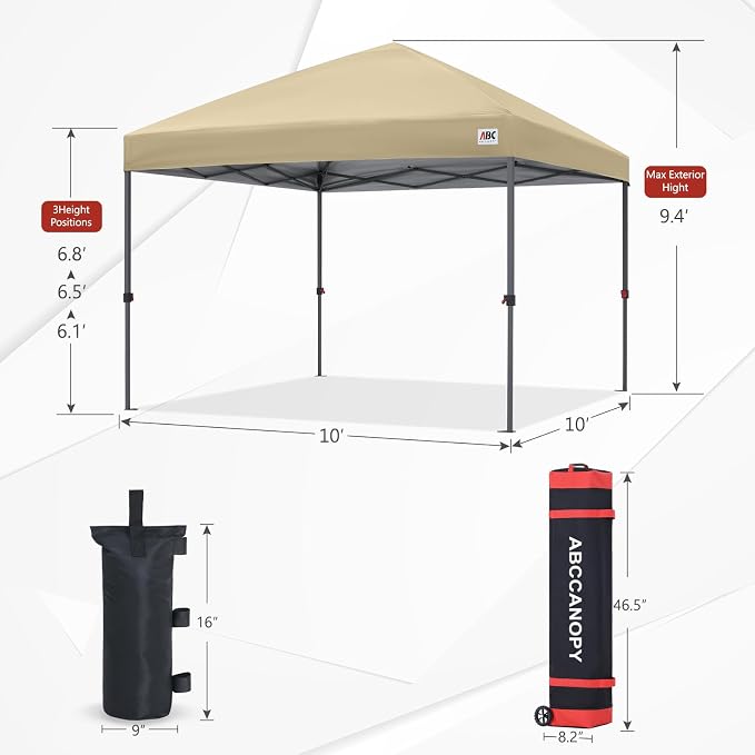 ABCCANOPY 10x10 Pop Up Canopy - Outdoor Patio Portable Canopy Tent Gazebo Heavy Duty for Backyard and Deck with 4 Sandbags and 8 Stakes (Cream)