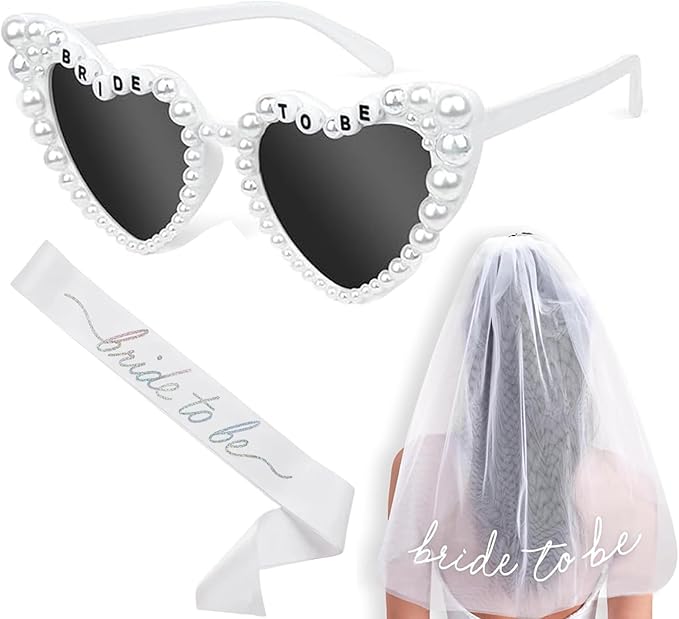 JoyChoi Bachelorette Party Accessories for Bride – 3-Piece Kit with Heart Sunglasses, Bride Sash & Veil – Cute Bridal Shower Decorations & Engagement or Wedding Gift Set for Women