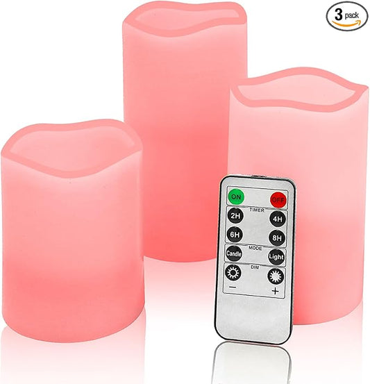 JUNPEI Flameless Led Battery Operated Candles: Flickering Electric Candles 4" 5" 6" Set of 3 Real Wax 10-Key Remote Control with 2/4/6/8-hours Timer Function,Cycling 24 Hours Timer, 300+ Hours (Pink)