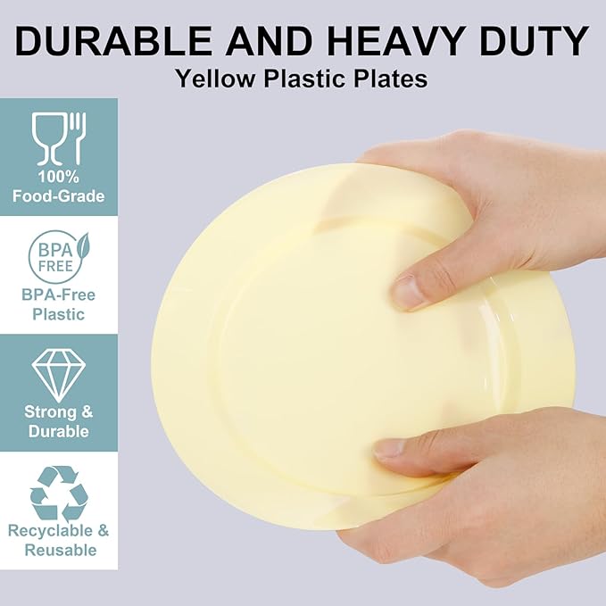 FLOWERCAT 200PCS Yellow Plastic Plates Disposable Plates for Party - Heavy Duty Plastic Plates - 100 10" Dinner Plates and 100 7" Salad Plates for Weddings, Easter Parties and Events