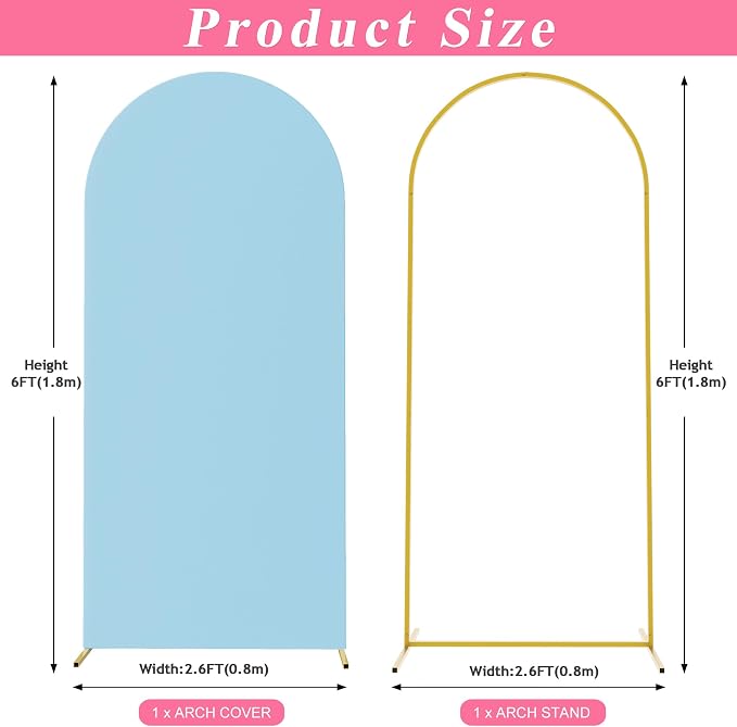 Putros Arch Backdrop Stand and Cover Set, 6ft, Gold Arch Stand with Dusty Blue Cover, Metal Arched Background Frame for Wedding, Birthday Party, Baby Shower, Photography Decoration