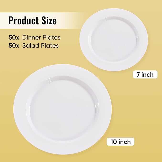 Fijinhom 100PCS White Disposable Plates for 50 Guests Including 50PCS 10" Dinner Plates & 50PCS 7" Dessert Plates, White