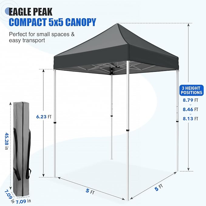 EAGLE PEAK 5x5 Pop Up Canopy Tent Instant Outdoor Canopy Easy Set-up Straight Leg Folding Shelter, Gray