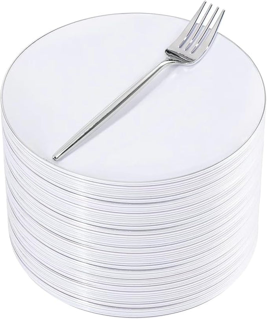 Rubtlamp 100Pcs Plastic Dessert Plates 7.5inch,100Pcs Disposable Silver Forks,White Plastic Plates With Silver Rim, Small Plastic Plates,Dessert Plates With Forks for Appetizer Cake