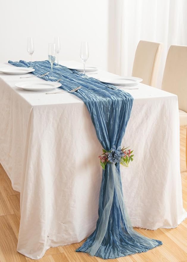 12 Pack Dusty Blue 10 Ft Cheesecloth Table Runner 21x120 Inch Boho Wrinkled Sheer Romantic Gauze Decor for Wedding, Bridal Shower, Birthday Party