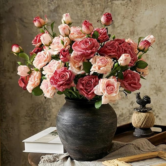 10Pcs Artificial Roses Flowers for Vase -22",Bulk Vintage Faux Silk Burnt Edge Rose Long Stems for DIY Bouquets Wedding Centerpieces Home Decor (No Vase)