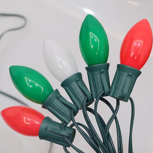 25Ft Vintage Christmas Lights C9 LED Red Green and White Outdoor String Lights with 26 C9 Bulbs (1 Spare), Commercial Outdoor Christmas Lights for Holiday Wedding Party Garden Home Decor, Green Wire