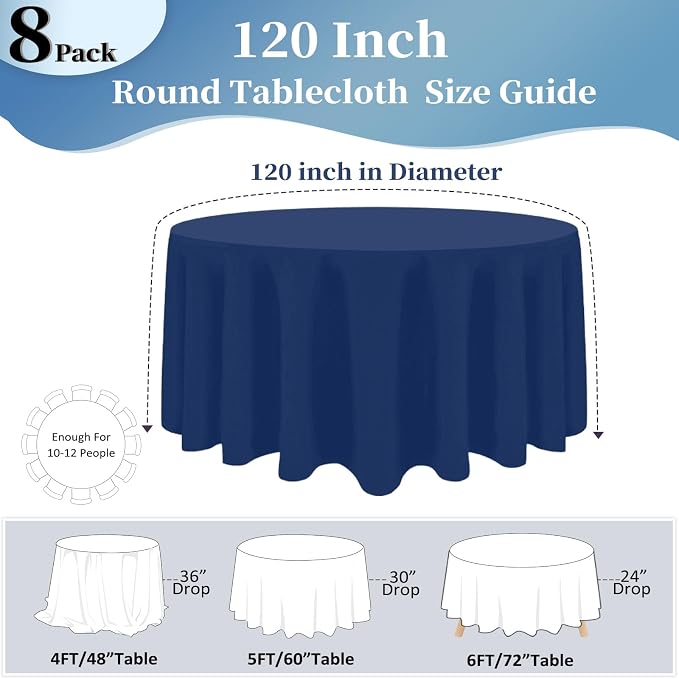 8 Pack Navy Blue Round Tablecloth 120 Inch Round Table Cloth, Wrinkle Resistant and Washable Tablecloth Polyester Fabric Table Cloth Round Table Cover for Dining Wedding Banquet Party