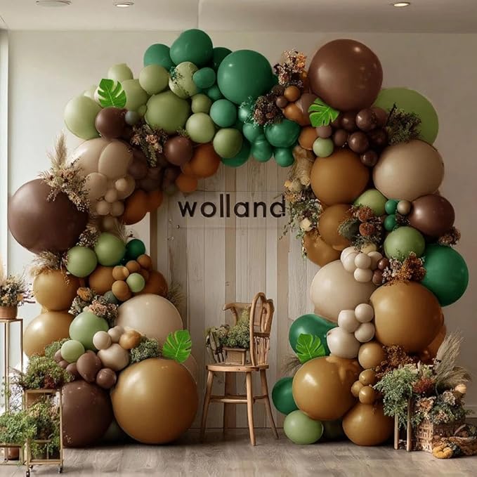 Dark Green Brown Balloon Arch Kit Double Stuffed Sage Green Nude Tan Apricot Balloon Garland with Palm Leaves for Baby Shower Safari Dinosaur Birthday Party Decoration