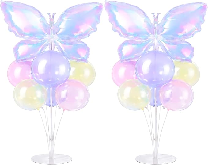 Iridescent Butterfly Party Balloons Stand Kit 2 Sets with Rainbow Holographic Clear Butterfly Foil Balloons Party Balloon Centerpiece for Table for Mermaid Rainbow Holiday Birthday Wedding Decorations