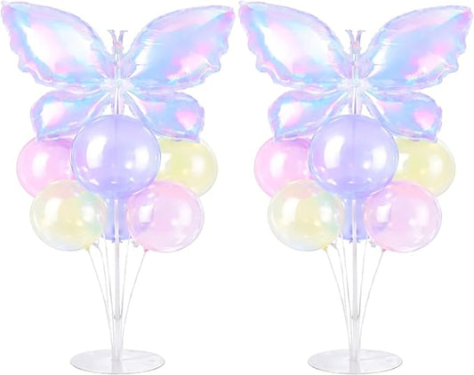 Iridescent Butterfly Party Balloons Stand Kit 2 Sets with Rainbow Holographic Clear Butterfly Foil Balloons Party Balloon Centerpiece for Table for Mermaid Rainbow Holiday Birthday Wedding Decorations